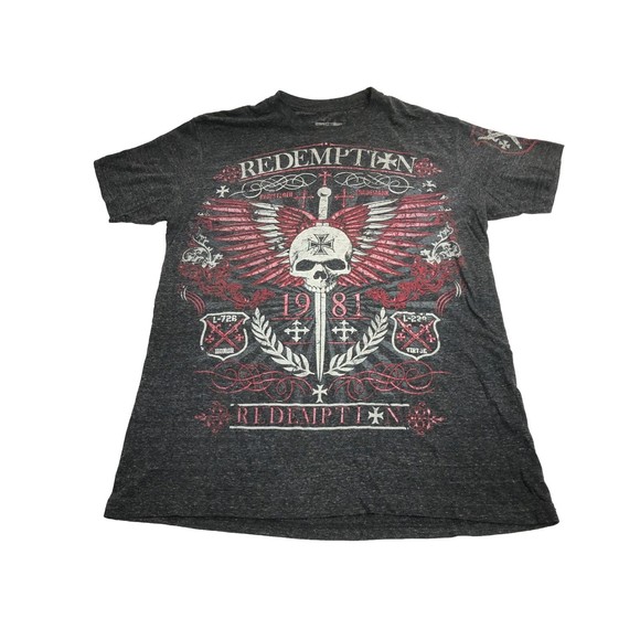 Raw State Redemption T-Shirt Size Large Red & Dark Gray Grunge Affliction - Picture 1 of 6
